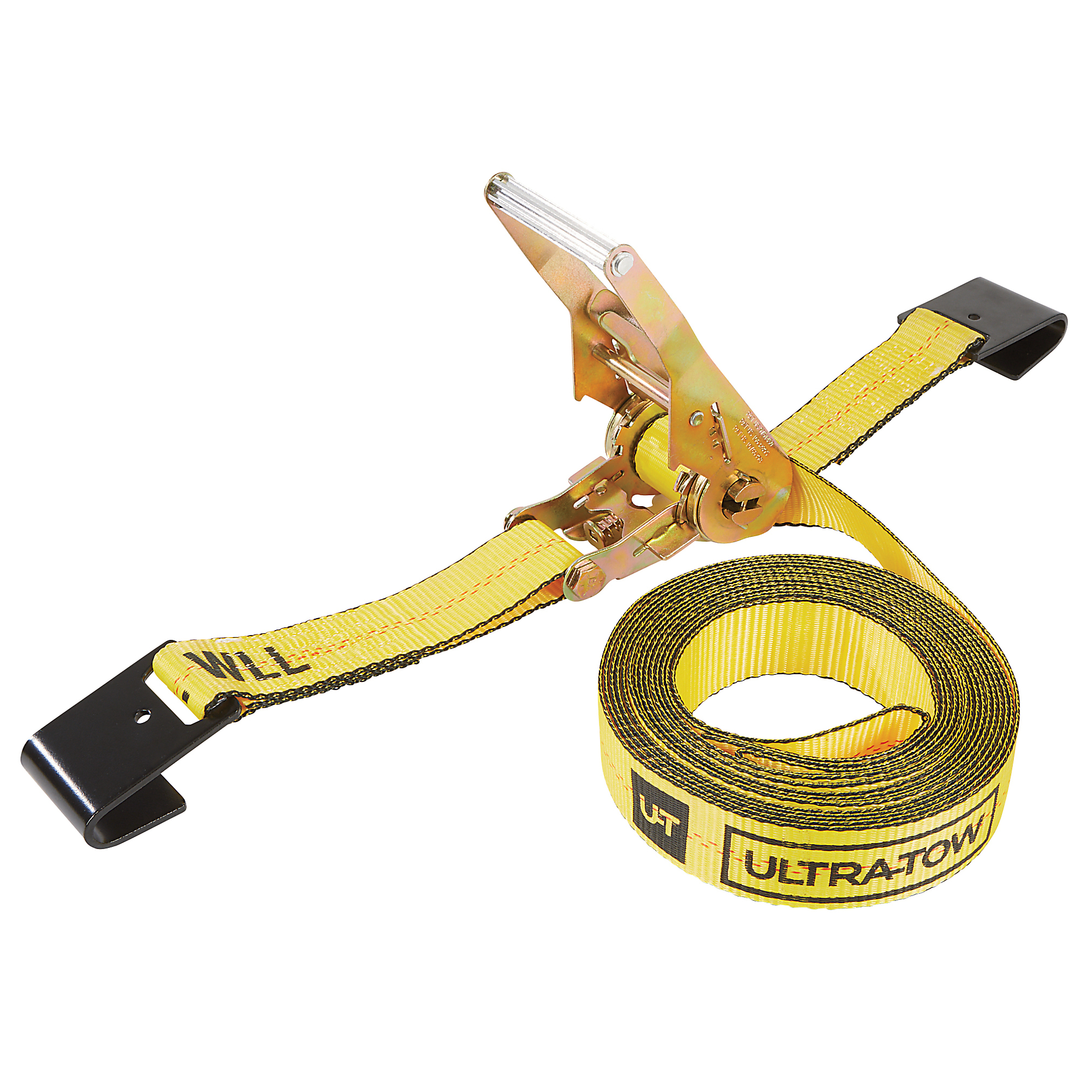 Ultra-Tow 2in. x 27ft. Automatic Self-Tensioning Ratchet Strap with Flat Hooks, 10,000-Lb. Breaking Strength, 3300-Lb. Working Load, Yellow